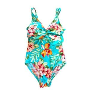 Islander Tropical Hawaiian Floral Aqua Blue One Piece Swimsuit Women’s Size 8